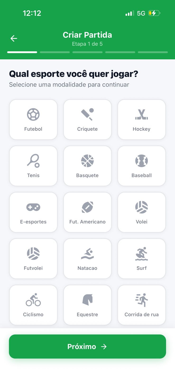 Seleção de modalidades no fluxo de criação de partida do MatchMove