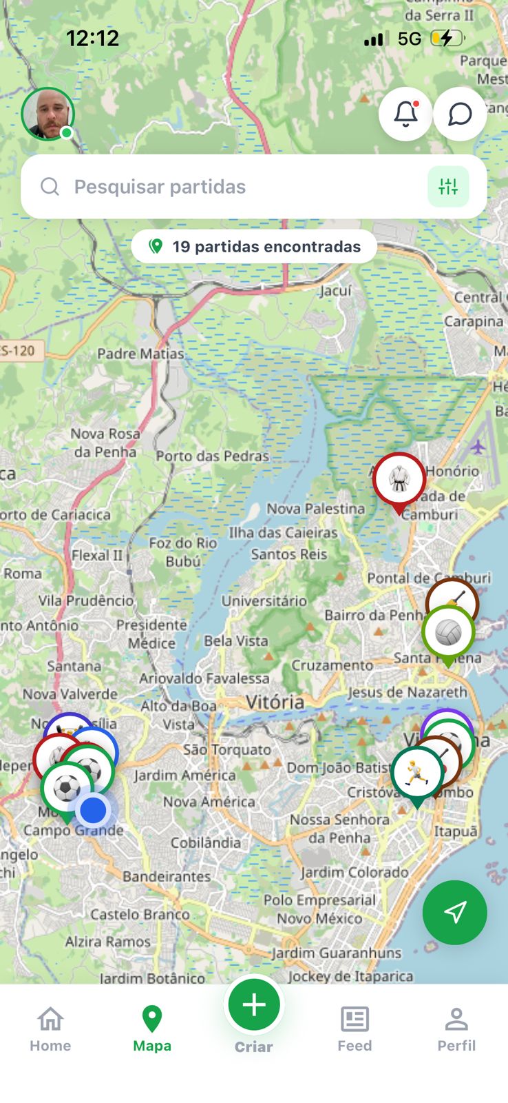 Mapa real do MatchMove com partidas esportivas próximas